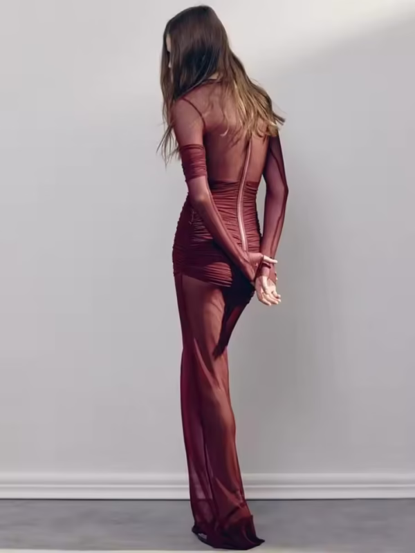 Draped Mesh Insert Maxi Dress – Brown - Image 8