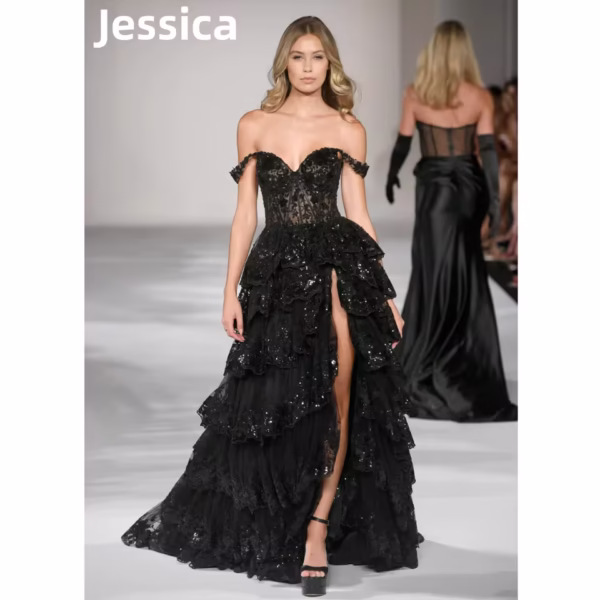 Jessica Black Glitter Prom Dress - Image 6