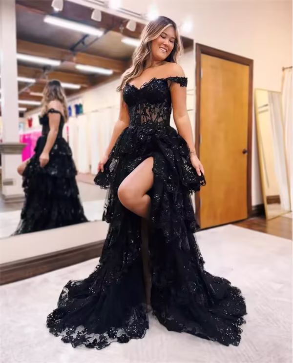 Jessica Black Glitter Prom Dress - Image 5