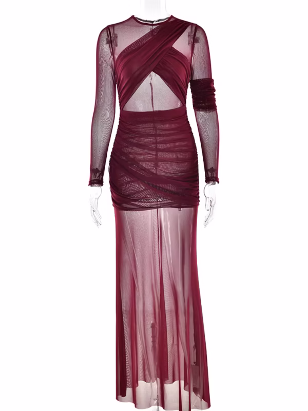 Draped Mesh Insert Maxi Dress – Brown - Image 11