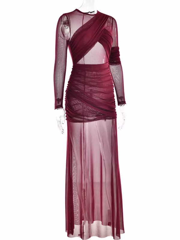 Draped Mesh Insert Maxi Dress – Brown - Image 9