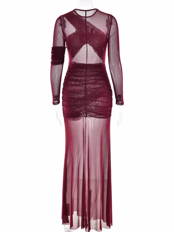 Draped Mesh Insert Maxi Dress – Brown - Image 10