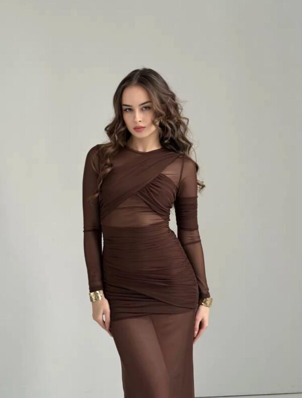 Draped Mesh Insert Maxi Dress – Brown